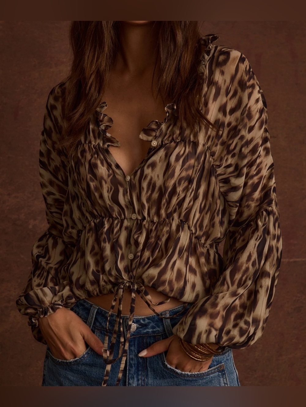 12th Tribe Alba Leopard Chiffon Long Sleeve Blouse Size Small NWT!